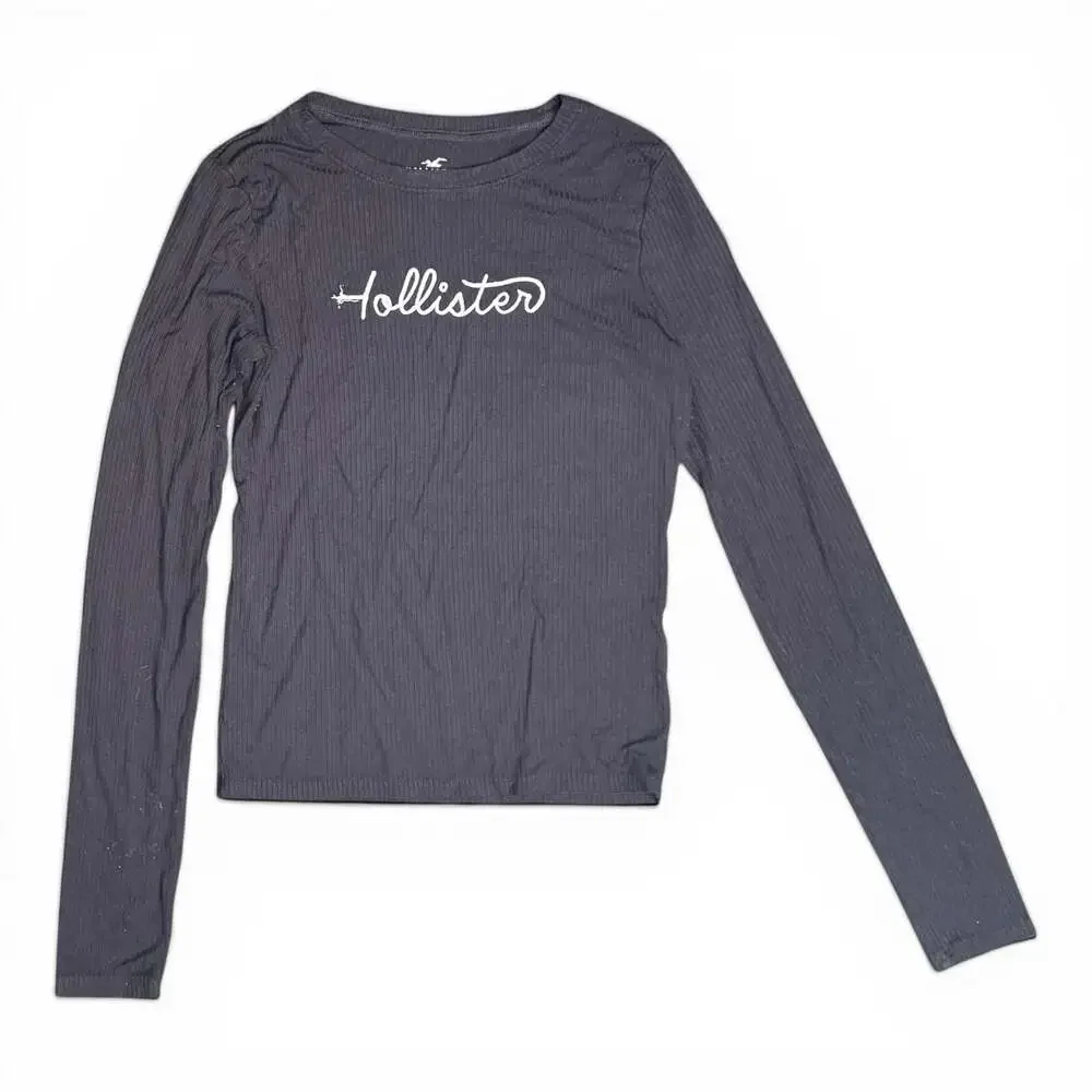 Hollister Gray Ribbed Long Sleeve Graphic Crop Tee Small - Picture 1 of 4